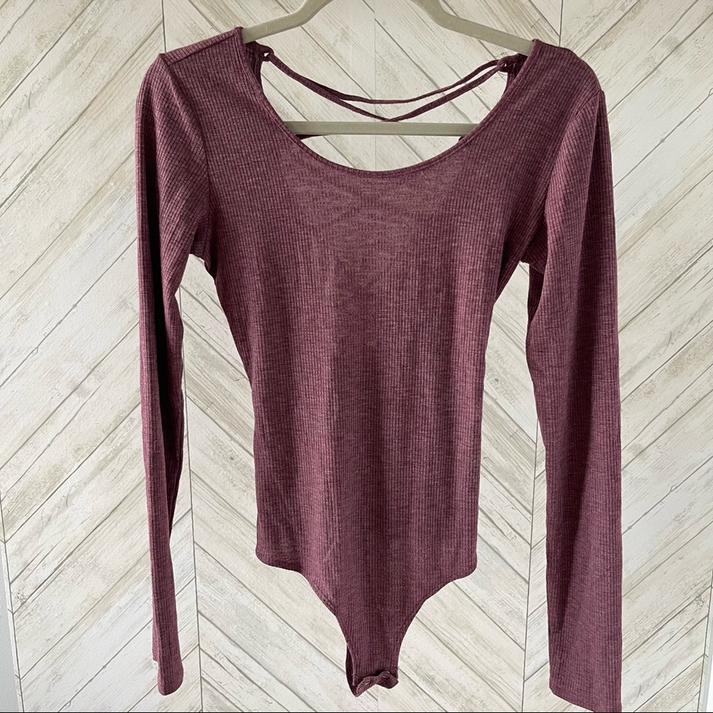 GARAGE Ribbed Maroon Long Sleeve Body Suit w/ Tie Back